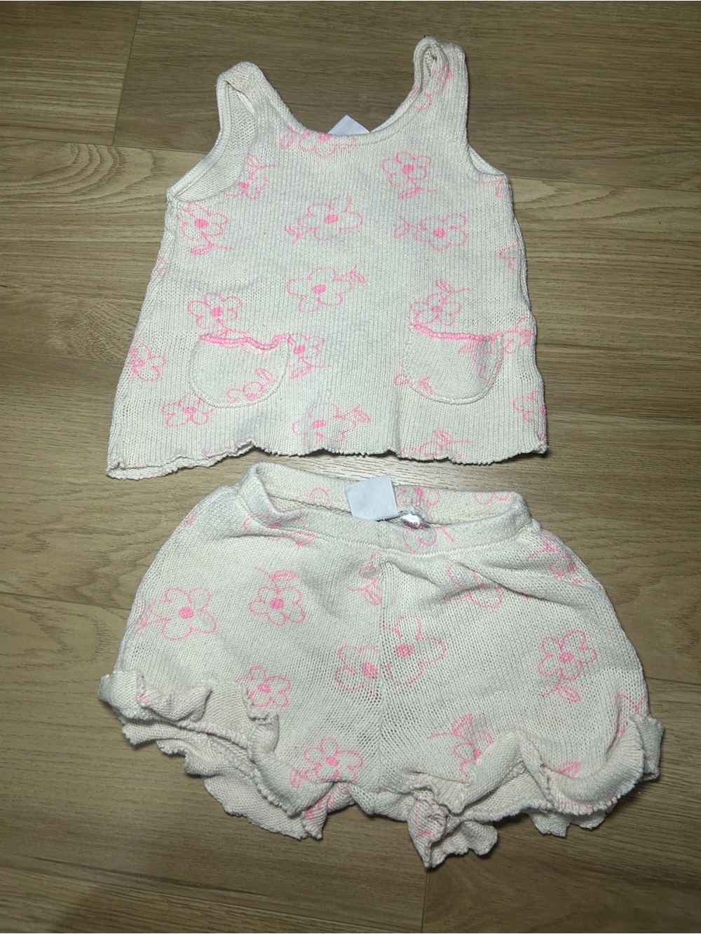 Zara Cream Knit Baby Shorts with Pink Floral Accents